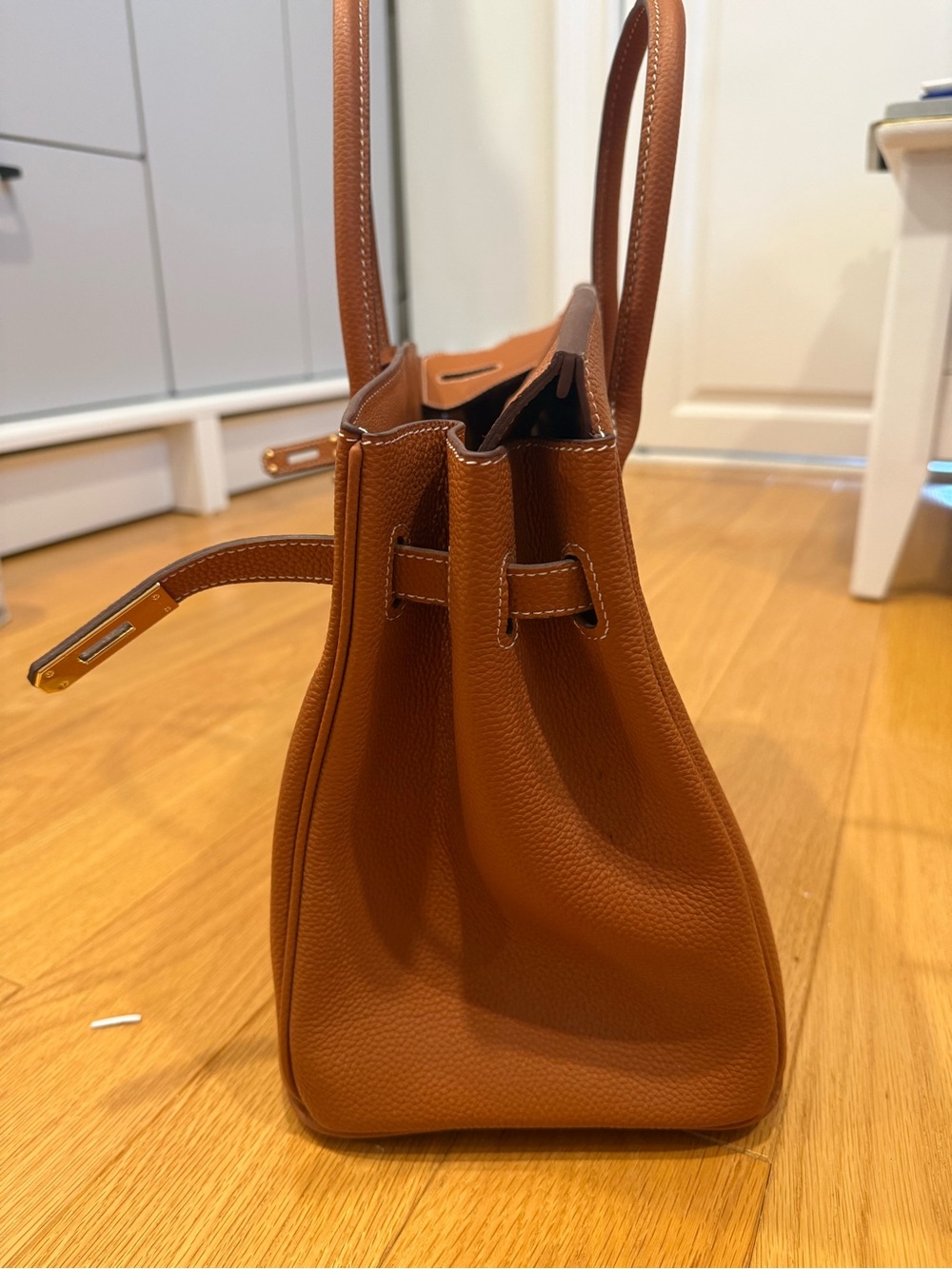 Cognac Brown Genuine Leather Structured Top Handle Tote Bag - Picture 12 of 13